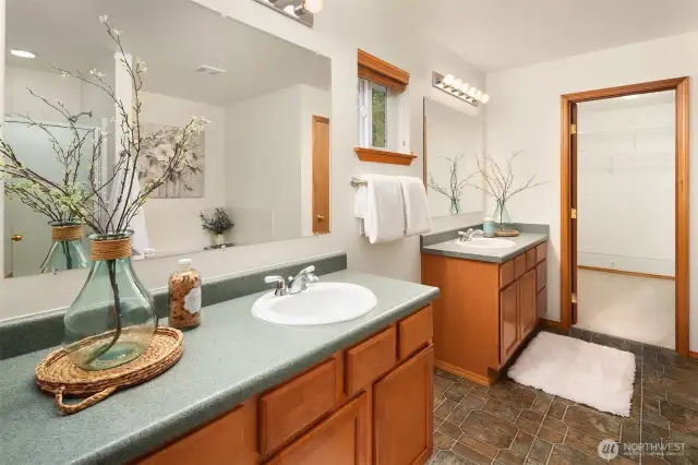 Upstairs Primary Suite 5-piece Bathroom with double vanities, wonderful storage and oversized walk-in closet