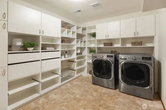 HUGE Laundry Room/Mud Room on the Main Level, plenty of room for Costco supplies! Washer,  Dryer and Garage refrigerator stay with the home.
