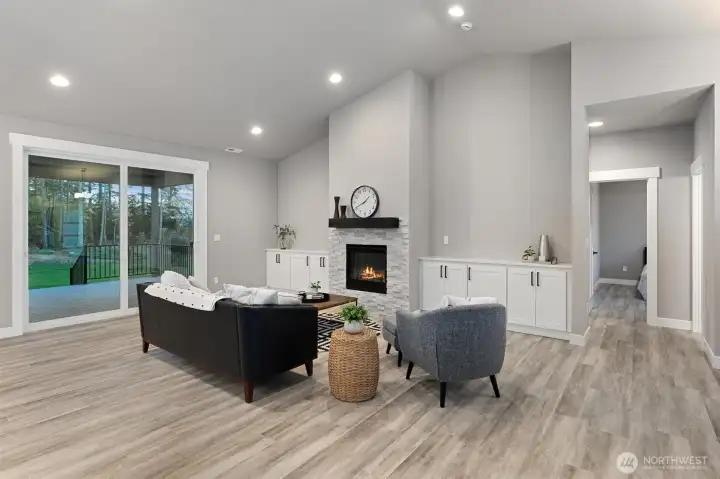 Living Room with Vaulted Ceilings and Cozy Gas FP