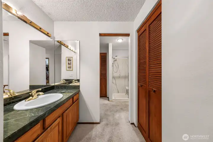 Primary suite with second (separate) vanity area and walk-in shower.