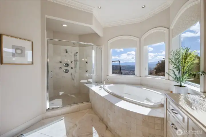 Spa-inspired primary bath with soaking tub and mulit-head shower.