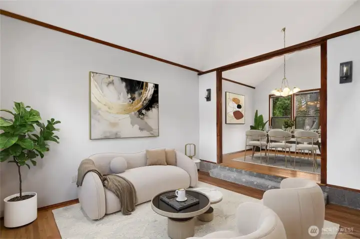 Vaulted living rm with hardwood floors and new wall paint