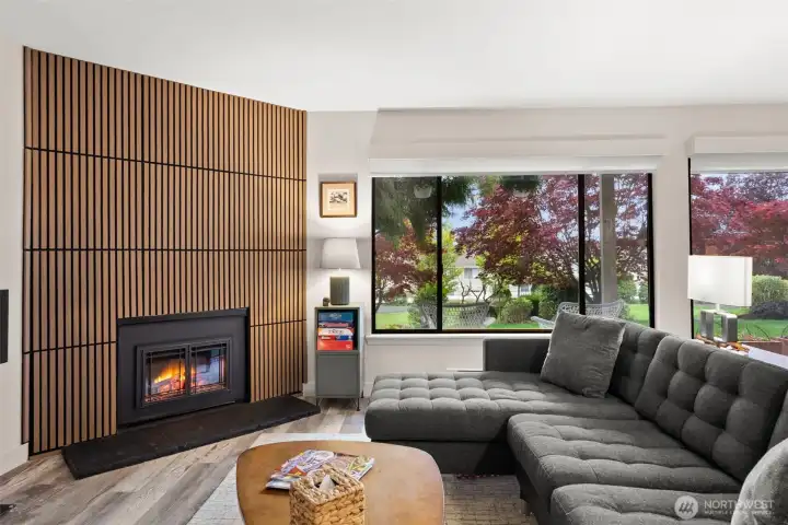 Modern blinds overlooks private patio and landscaping.