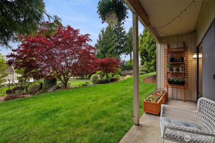 Patio spans the entire width of the condo and overlooks mature landscaping.