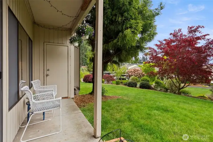 Storage unit for the condo is located on the patio.