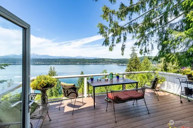 Main level Trex Deck with a view of the Puget Sound and Olympic Mountains