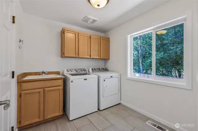 Spacious laundry room with sink.