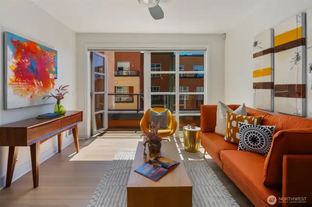 South facing wall of windows shines bright throughout the day.