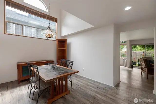 Dining room looking out toward family room and kitchen