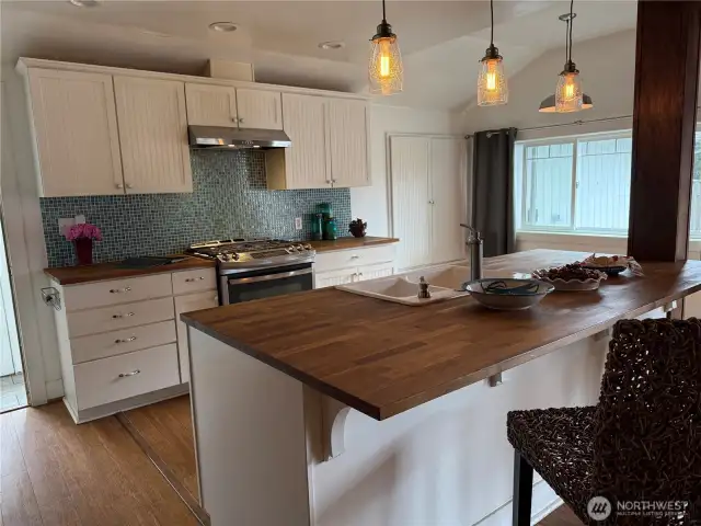 Butcher block kitchen counters.