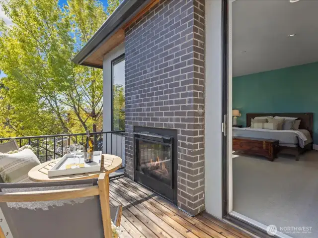 Step into your private exterior cedar deck with a brick hearth.