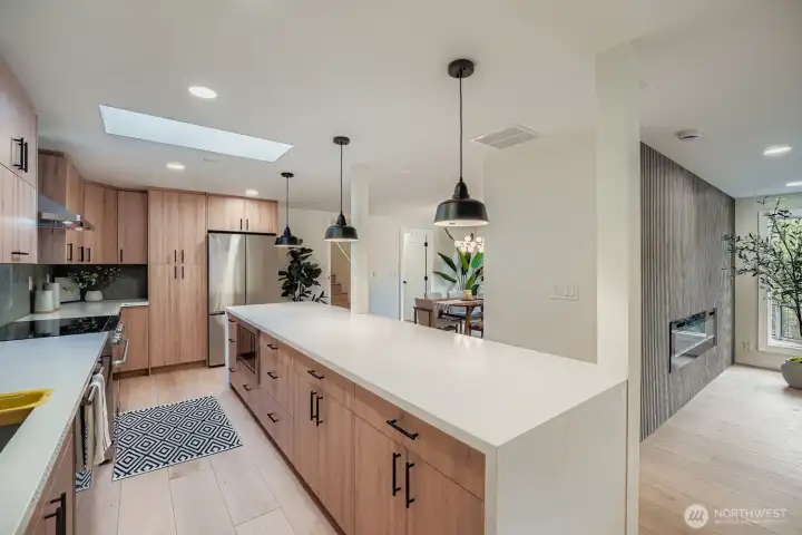 Spacious 11' island with counter seating.