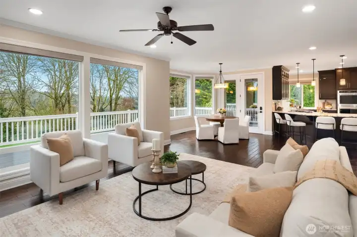 View from family room back toward deck and kitchen