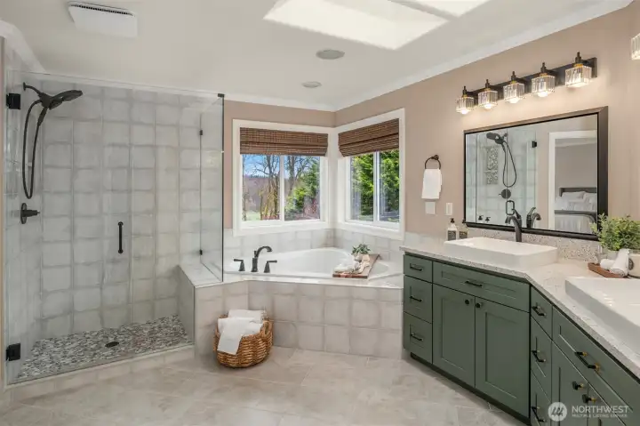 Primary bath, view from walk-in closet