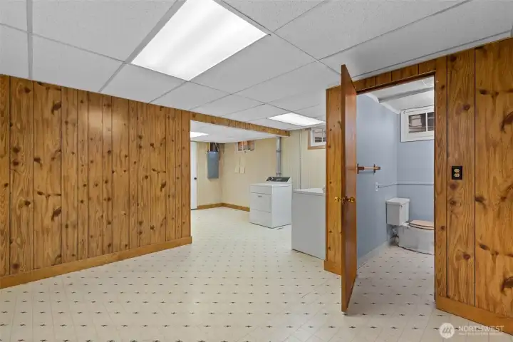 Exterior door just past the laundry in the storage room