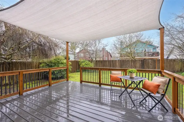 New composite deck in back yard, perfect for parties and bbq's.