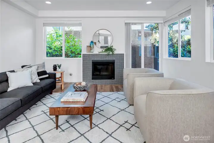 Spacious Living Room Anchored by a Gas Fireplace Spacious Living Room Anchored by a Gas Fireplace