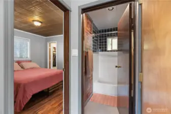 View into bedroom & full bathroom