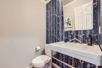 Main floor powder room features designer sink, custom wallpaper accent wall, and updated fixtures.