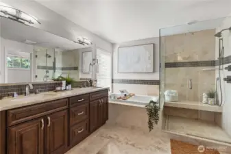 Totally renovated primary bath with dual sinks, soaking tub, walk in shower and walk in closet