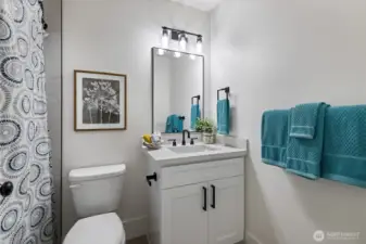 The primary bathroom boasts all new finishes.