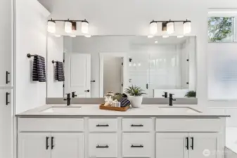 Pic is of model-  Primary bath- counters.  Notice all the space between cabinets, drawers and large linen space.
