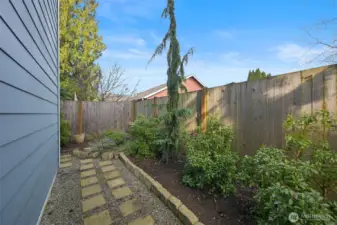 Fully fenced back yard with raised planter beds