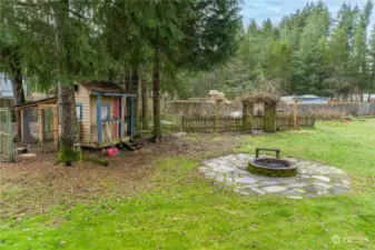 Backyard, chicken coop, Fenced garden and fire pit.