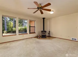 This is a family room with a wood-burning free-standing wood stove.