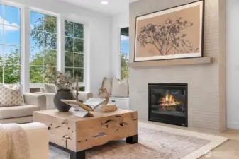Elegant fireplace detail wall with custom tile surround and floating mantle. A perfect focal point for the living space, blending warmth and modern sophistication.