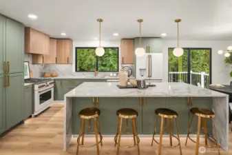 Fully renovated kitchen with Cafe appliances, custom cabinetry, hardware and quartzite hard surfaces.