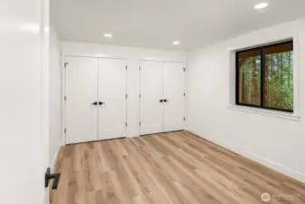 Large lower level bedroom with wall of storage.