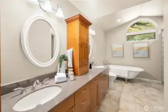 Spa-like en-suite bath with modern updates.