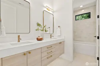 Full bath with Double Sinks and Floating Cabinet with Sensor Lighting