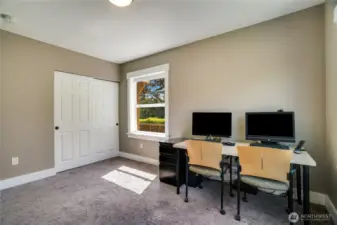 The office/bedroom on the main floor has a large window that overlooks the front yard, this additional window seen here, and spacious closet.