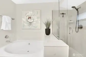 Primary en-suite features upgraded fixtures, stone slab countertops, and lots of natural light.