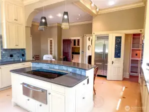 Electric cooktop and second pantry to the right of the refrigerator.