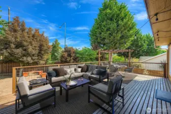 Spacious outdoor deck has mutliple levels.