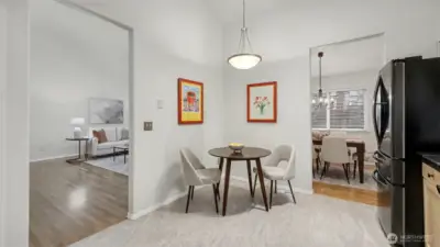 Eat in kitchen space. To the left is the living room. To the right is the dining area.