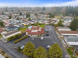 Aerial view of the community club, pool, and picnic area.