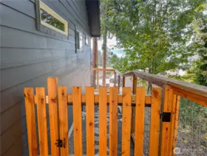 Fenced-in dog run on the far side of the house that wraps around to the back deck.