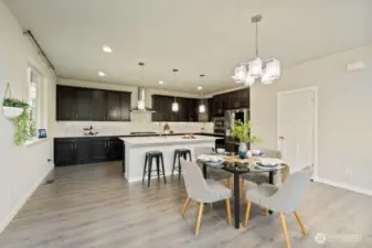 Marble backsplash, countertops, and fireplace — luxury you can feel