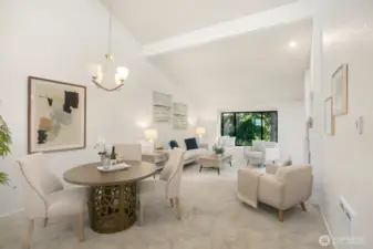Dining room with beautiful chandelier.