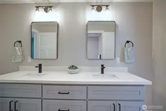 Dual vanities for Jack n Jill bath mean no fighting for who gets to use a sink...