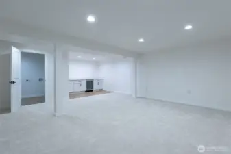 Downstairs living area w/ oversized laundry room and wet bar / kitchenette space