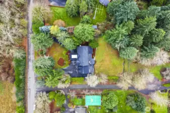 Aerial view of the home and property