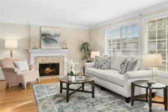 A warm fire in the wood fireplace keeps winters cozy.