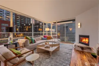 Twiight photo of living room.