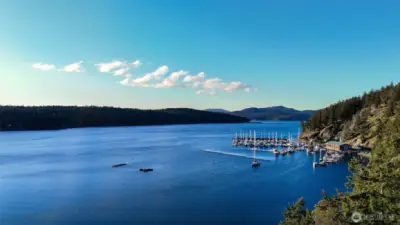 Aerial from above the property of Shoal Bay and Spencer's Landing Marina, with Lopez Island Ferry Landing in the background