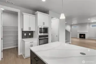 Pantry on left and entry to mudroom on right of oven/microwave